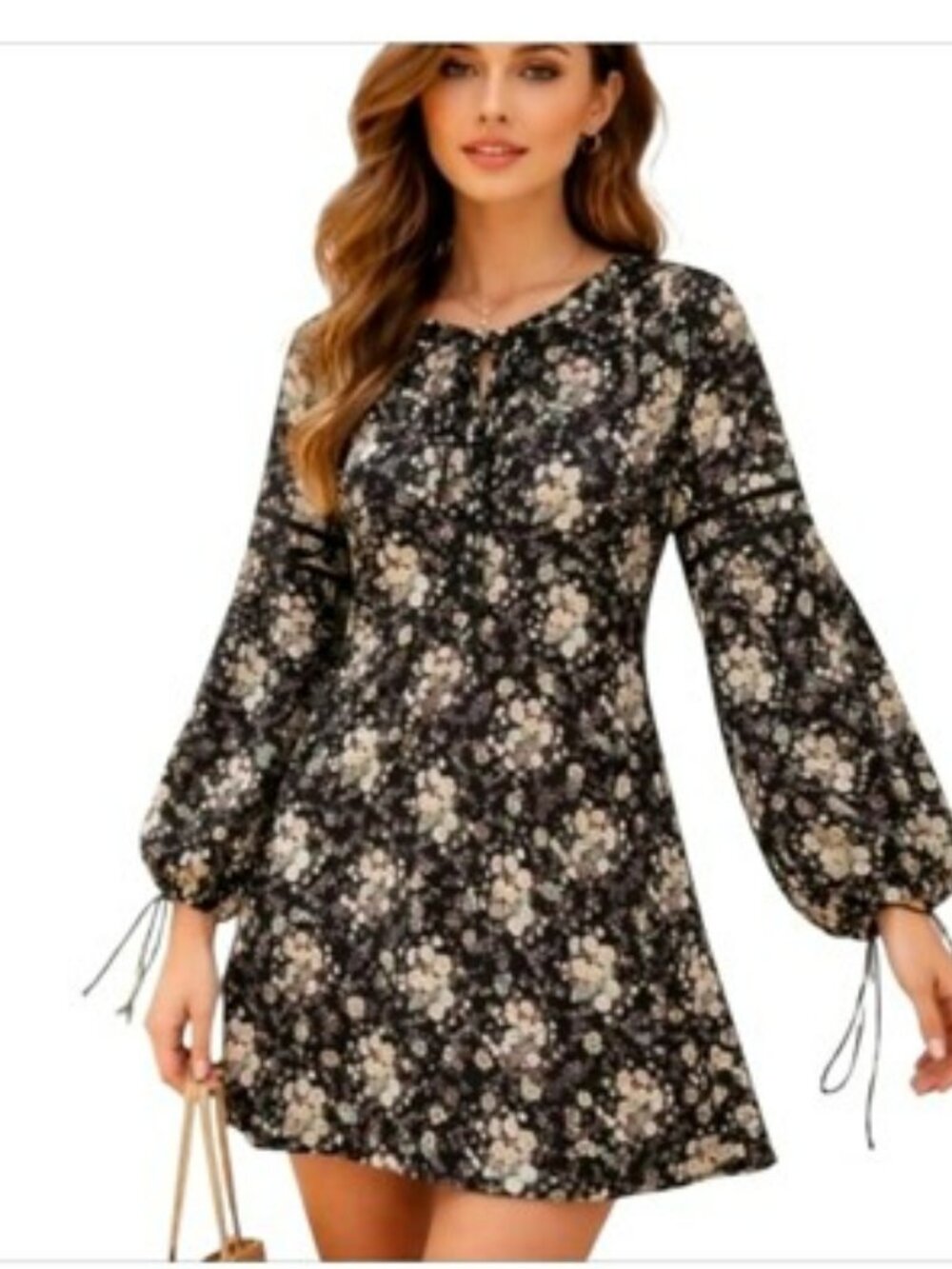 Wayf Women's Black Floral Peasant Mini Dress Size Small Long Sleeves Boho Ties
